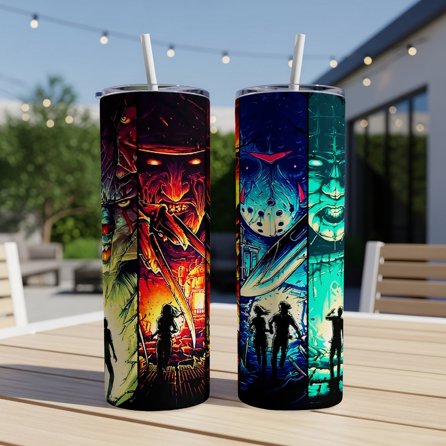 Horror movie characters collage on two tumblers with straws on a table.