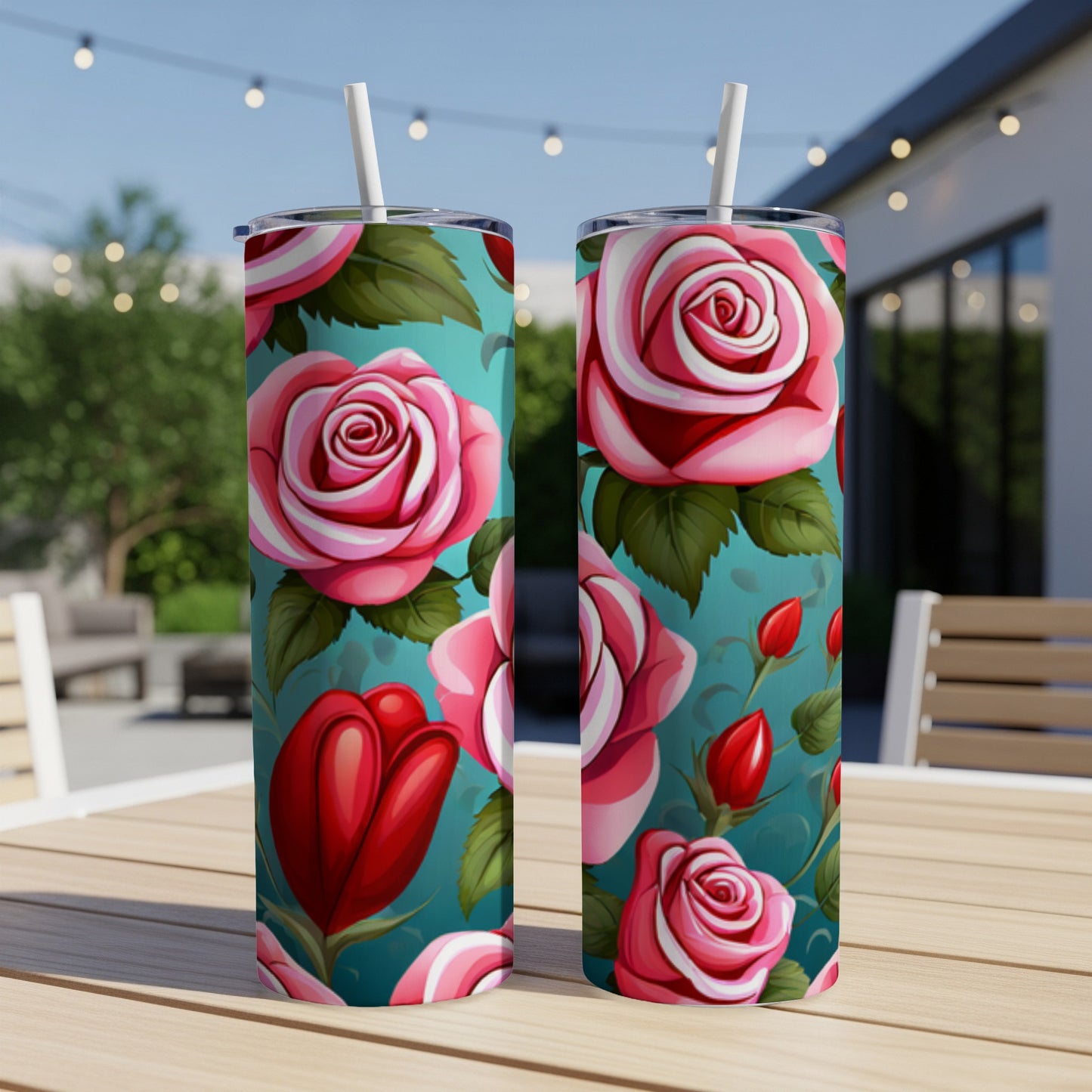 Two tumblers with vibrant pink roses and red tulips on a teal background.