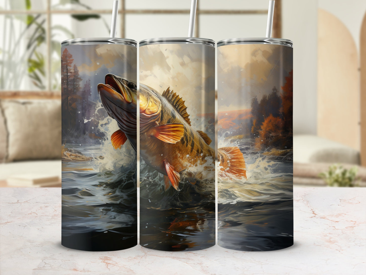 Three tumblers showing a large fish leaping from water with trees and sky in background.