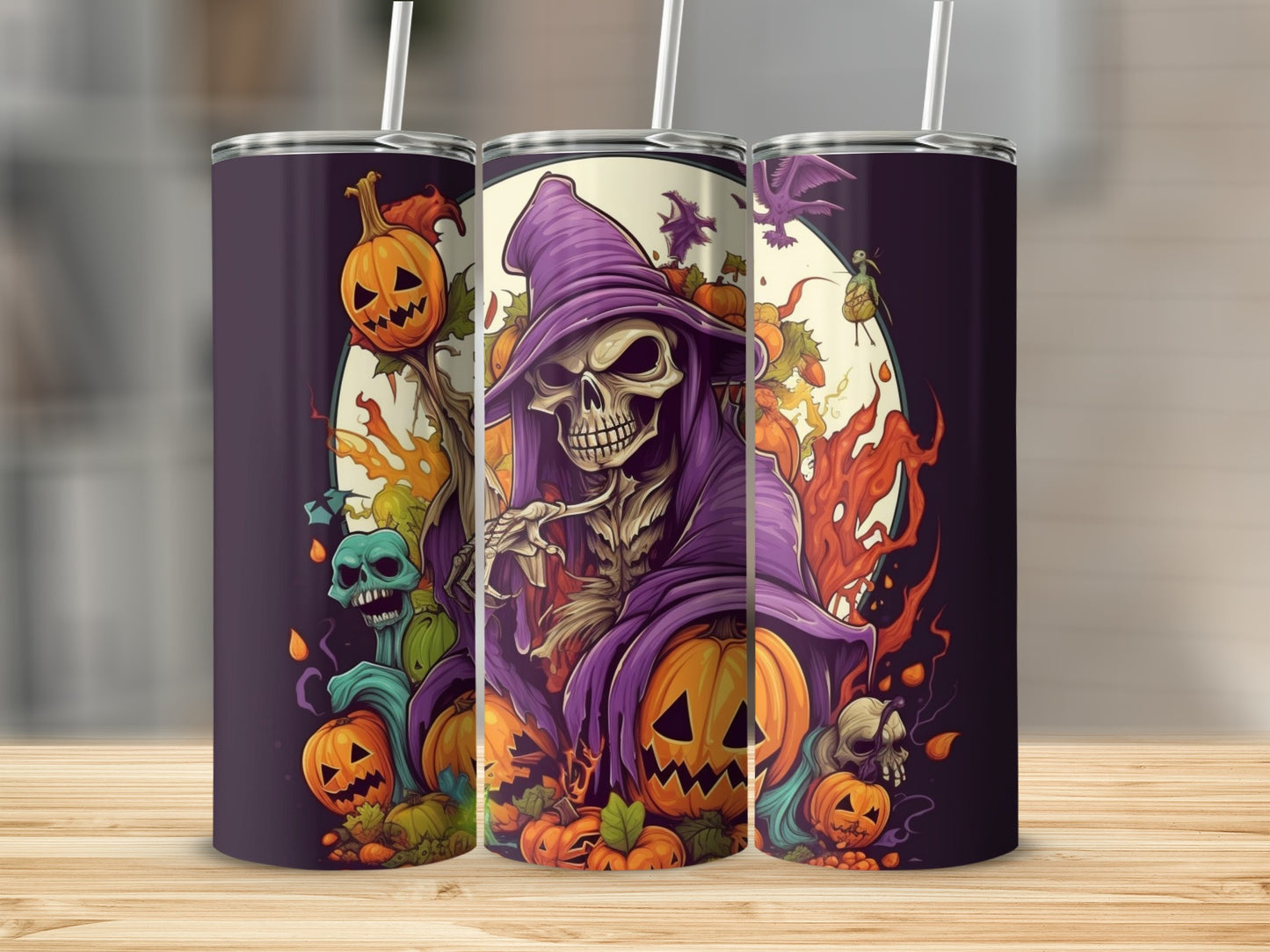 Spooky Halloween Skeleton and Pumpkins Tumbler Product