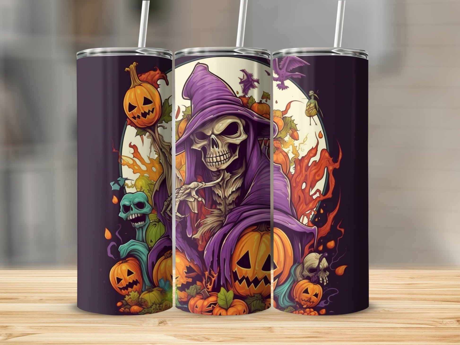 Spooky Halloween Skeleton and Pumpkins Tumbler Product