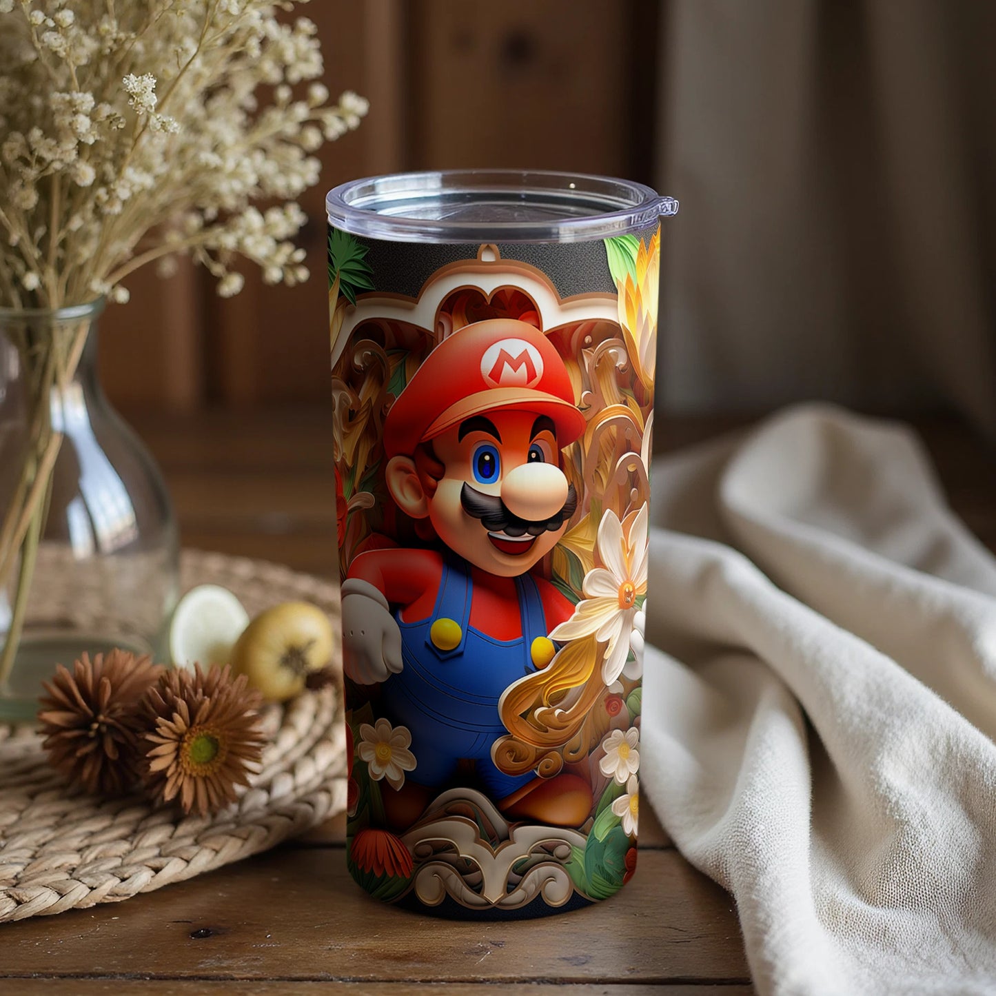 Vibrant Mario Art on Travel Mug for Fans and Collectors