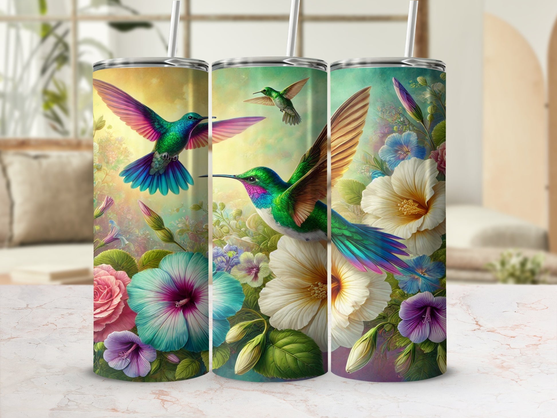 Vibrant Hummingbird and Floral Art Tumbler Collection