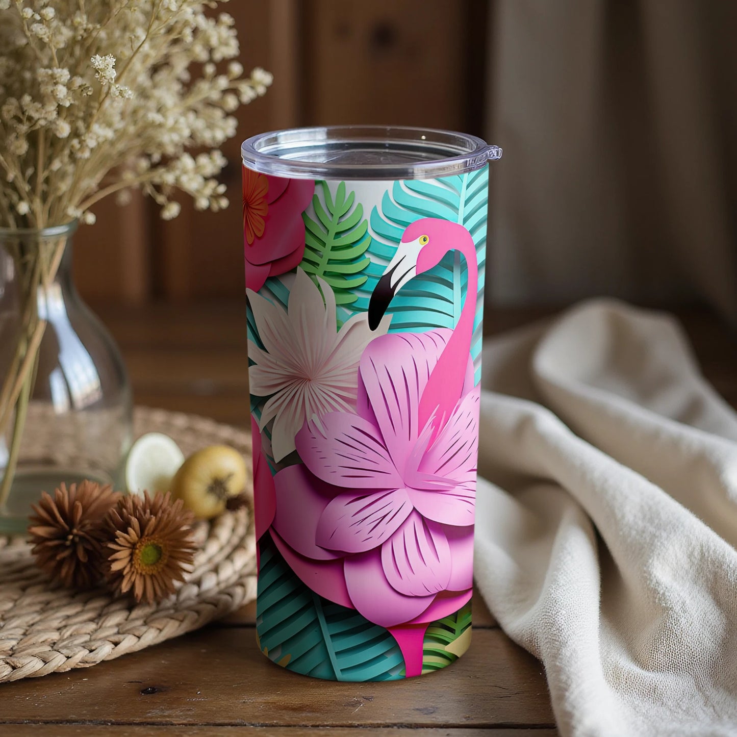 Tropical Flamingo Floral Design Tumblers