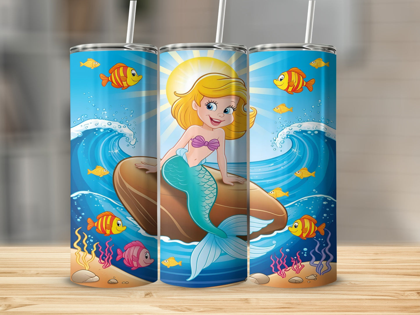 Smiling cartoon mermaid with blonde hair and blue tail on a rock surrounded by fish.