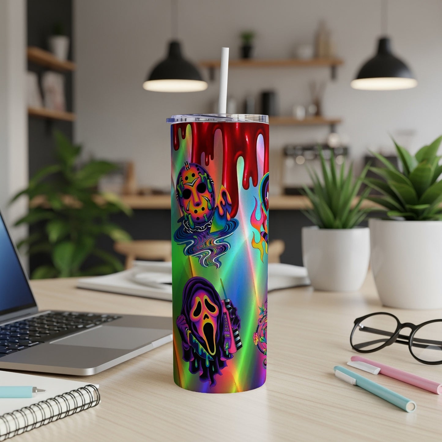 Tall tumbler with horror movie icons like Jason Voorhees and a ghost.