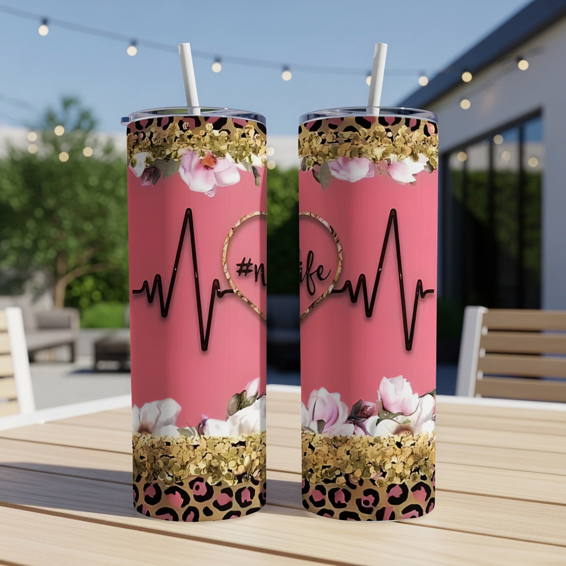 Two pink tumblers with floral and leopard print, `#Nurse` graphic.