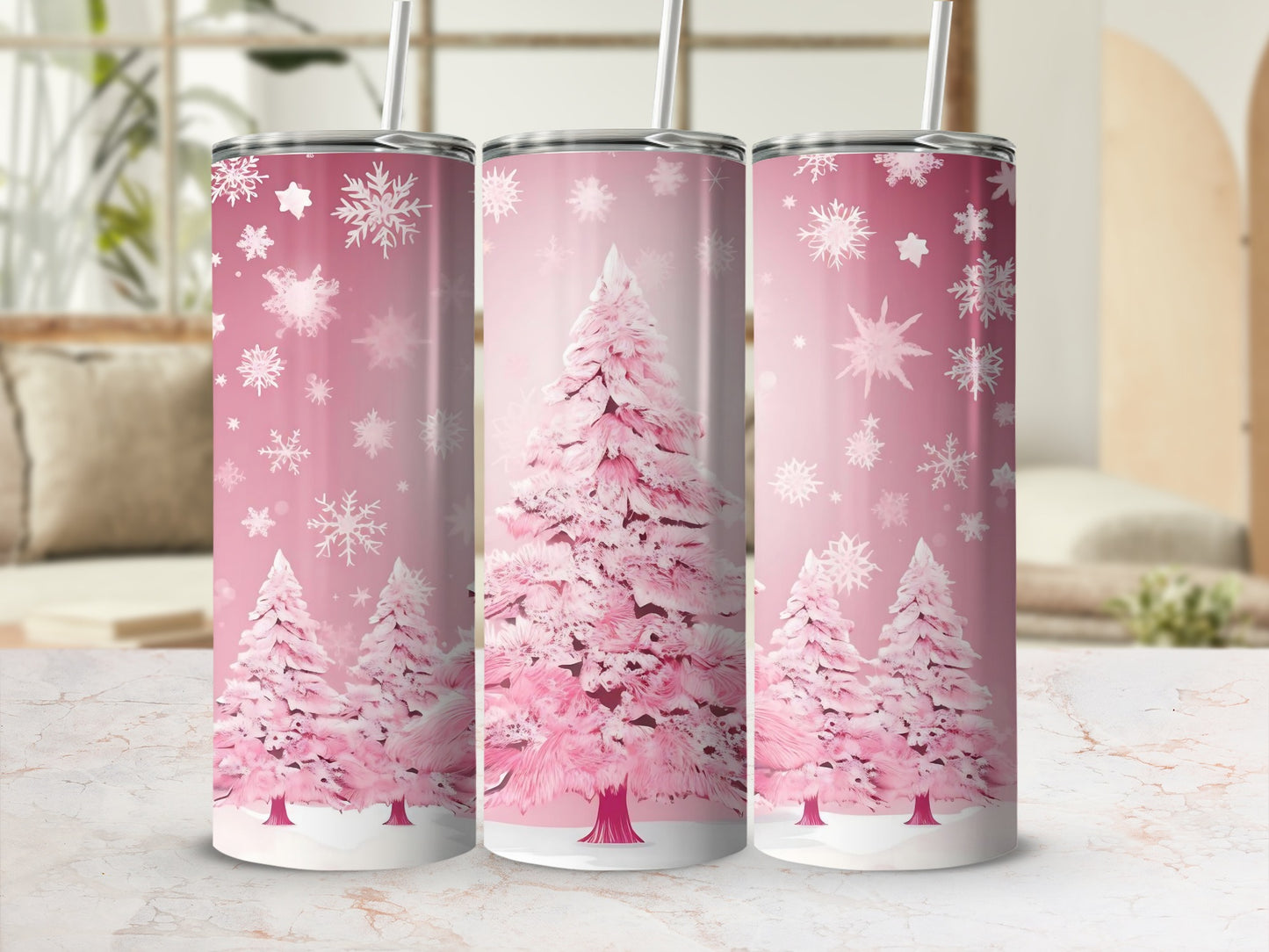 Pink Christmas Tree and Snowflakes Tumbler Design