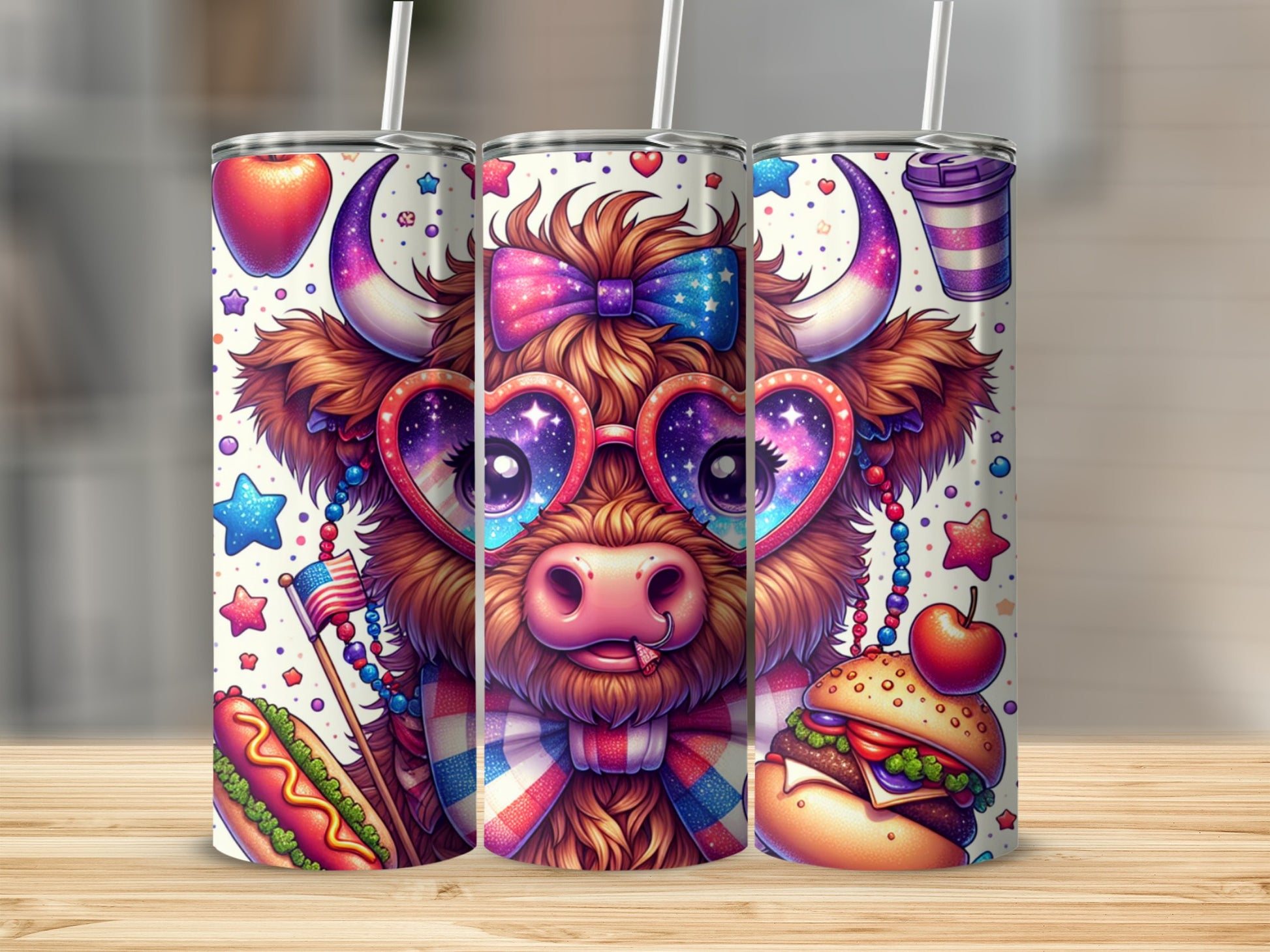 Patriotic cow with heart sunglasses and patriotic hot dog and burger.