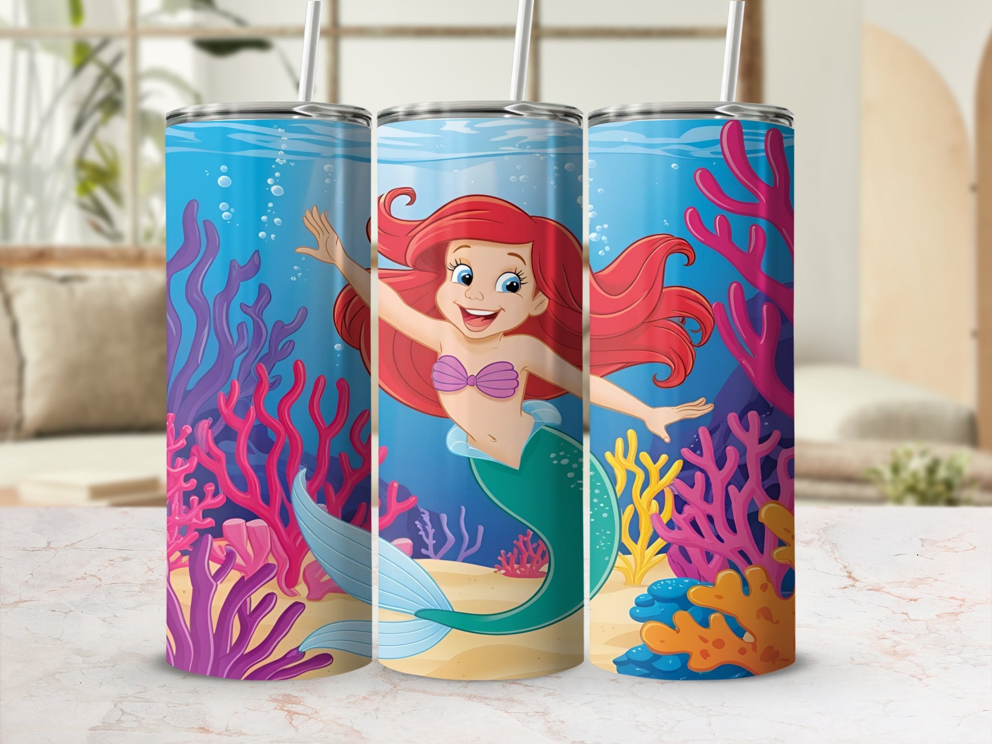 Ariel the mermaid smiles underwater amidst colorful coral reefs.