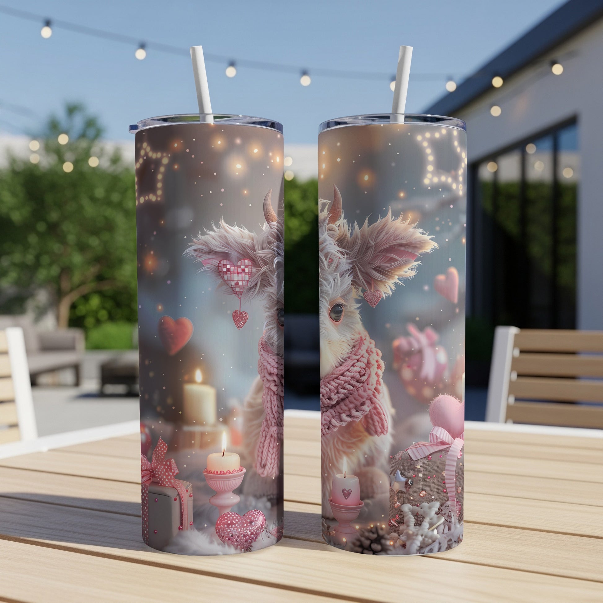 Two heart-adorned tumblers with festive designs on an outdoor table.