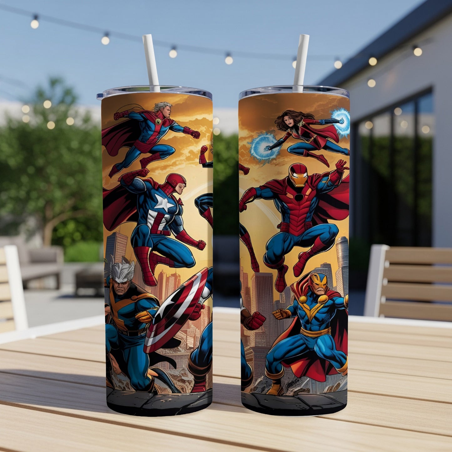 Two tumblers with superheroes in action against a city backdrop.