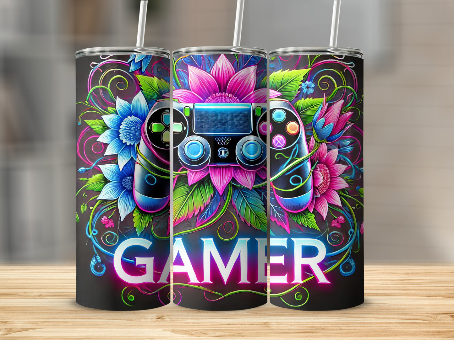 Gamer tumbler with neon controller and colorful floral accents.
