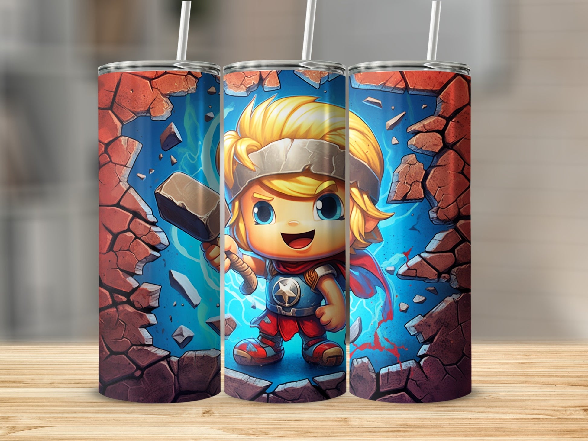Cute Cartoon Superhero Character Tumbler with Hammer Art