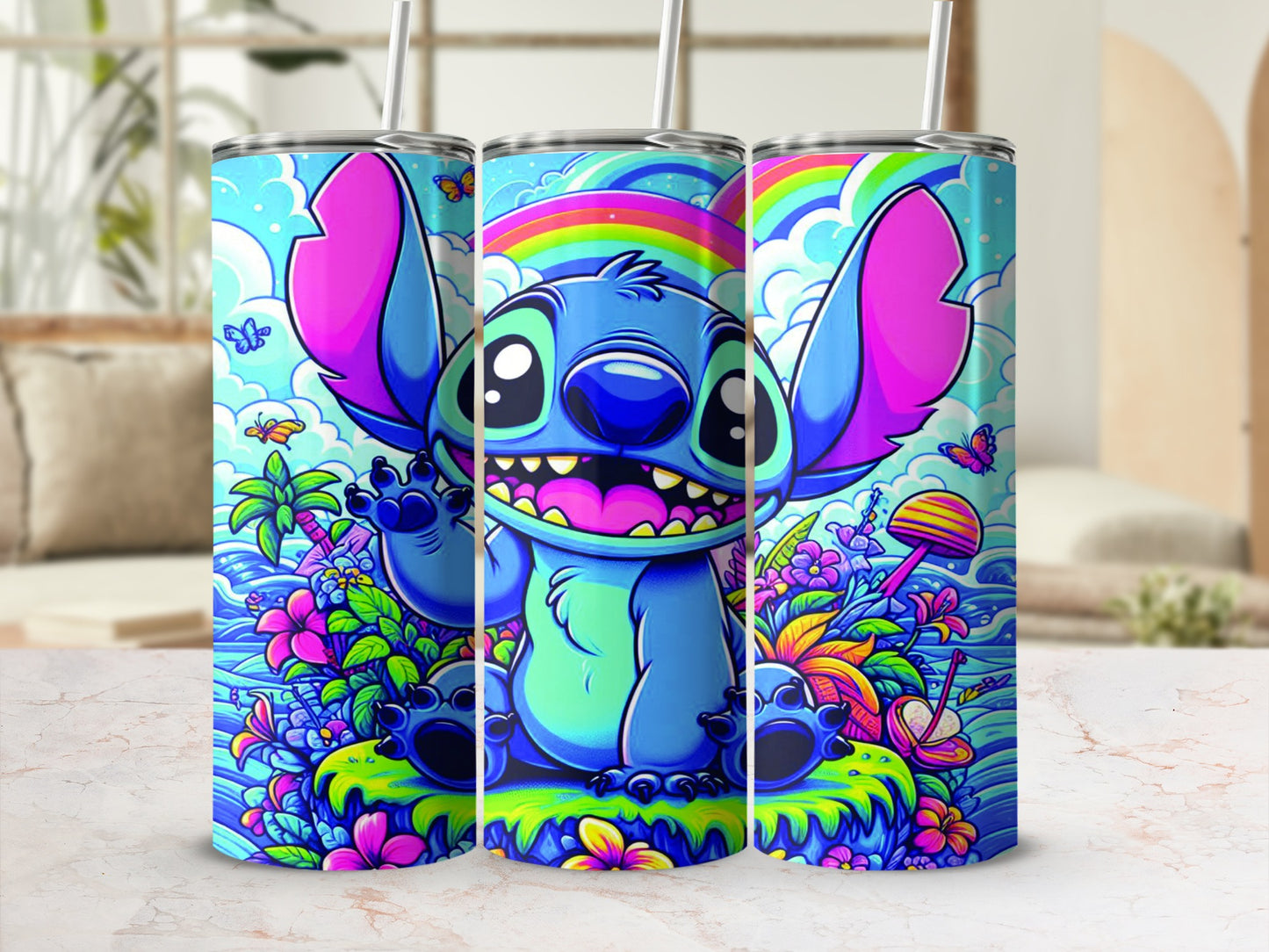 Stitch character with rainbow and tropical plants on a blue, sky-patterned tumbler.