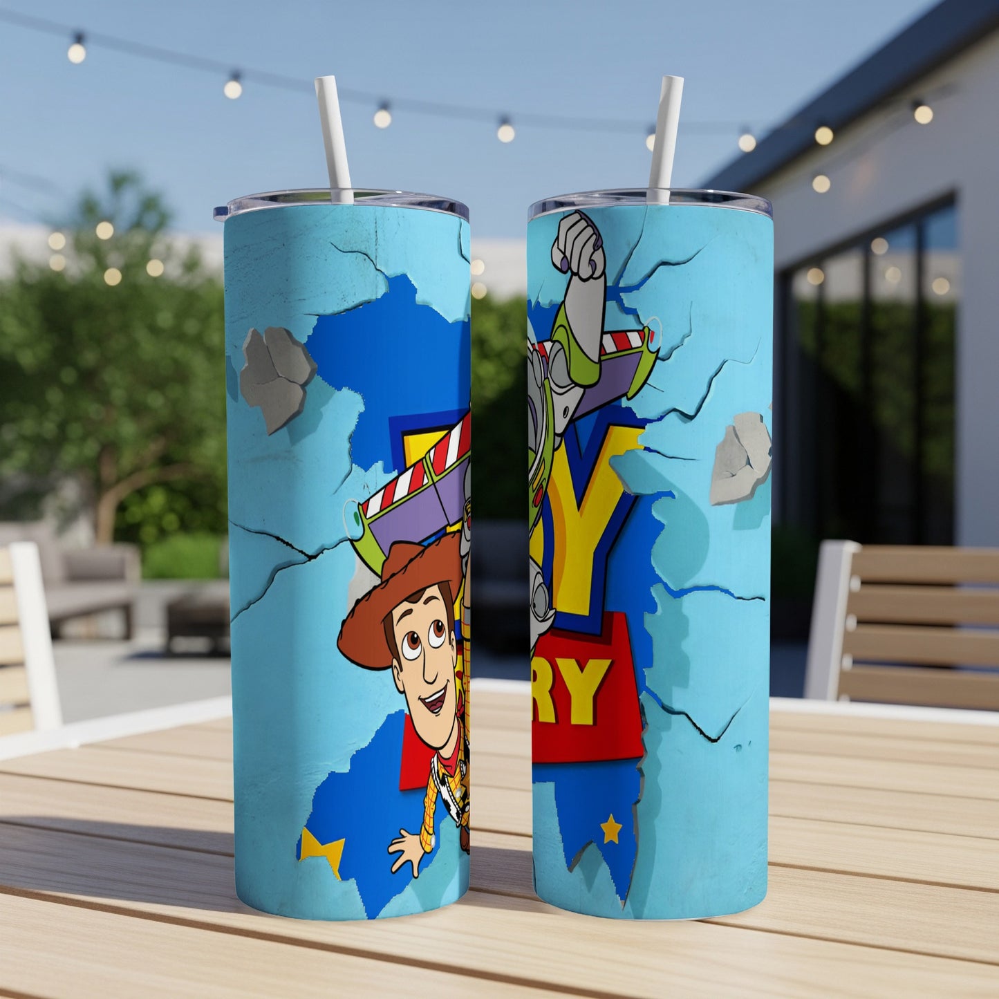 Woody and Buzz Lightyear characters on a blue cracked surface, Toy Story logo.