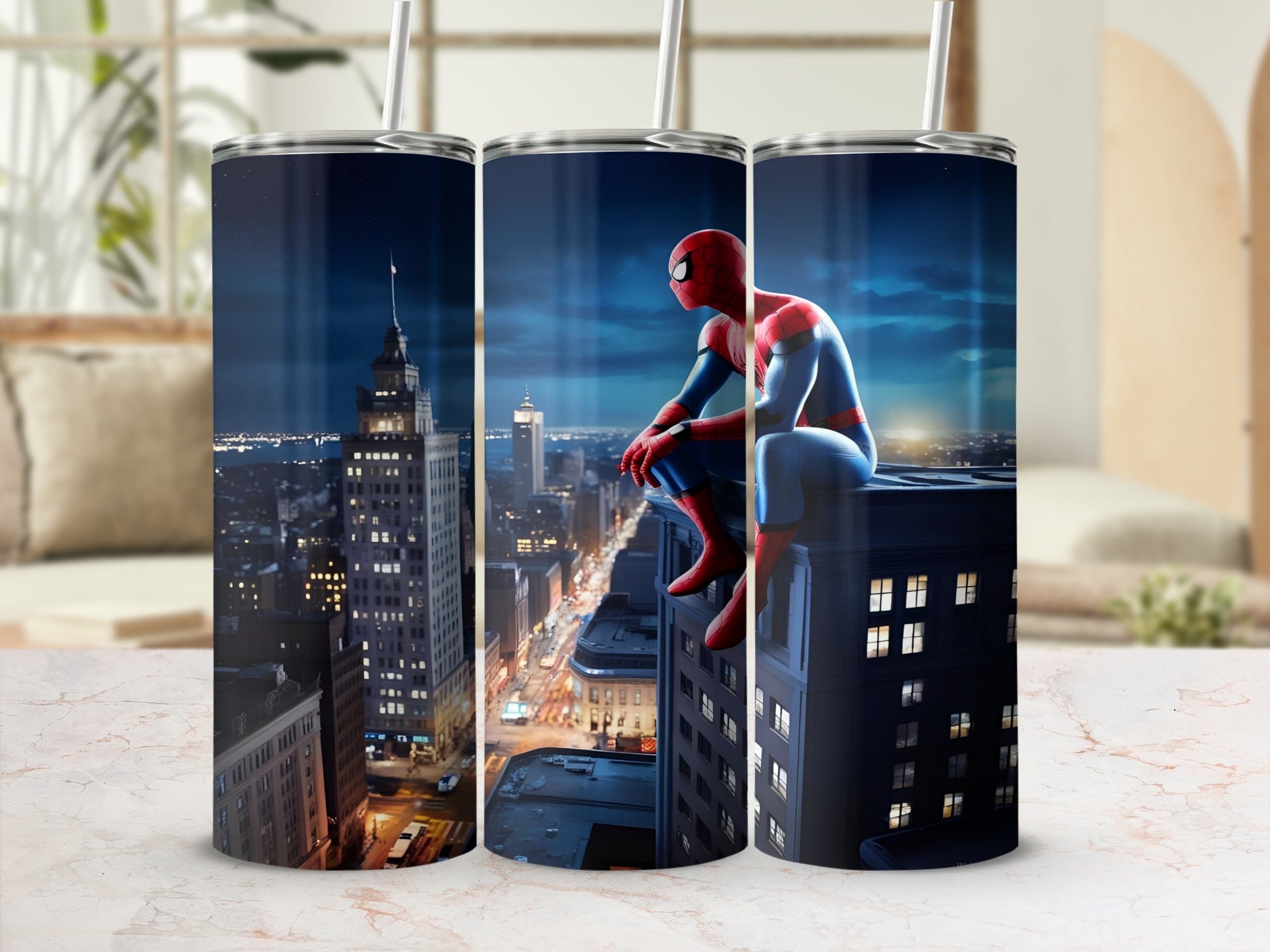 Spider-Man sits on a skyscraper ledge overlooking a nighttime city skyline.