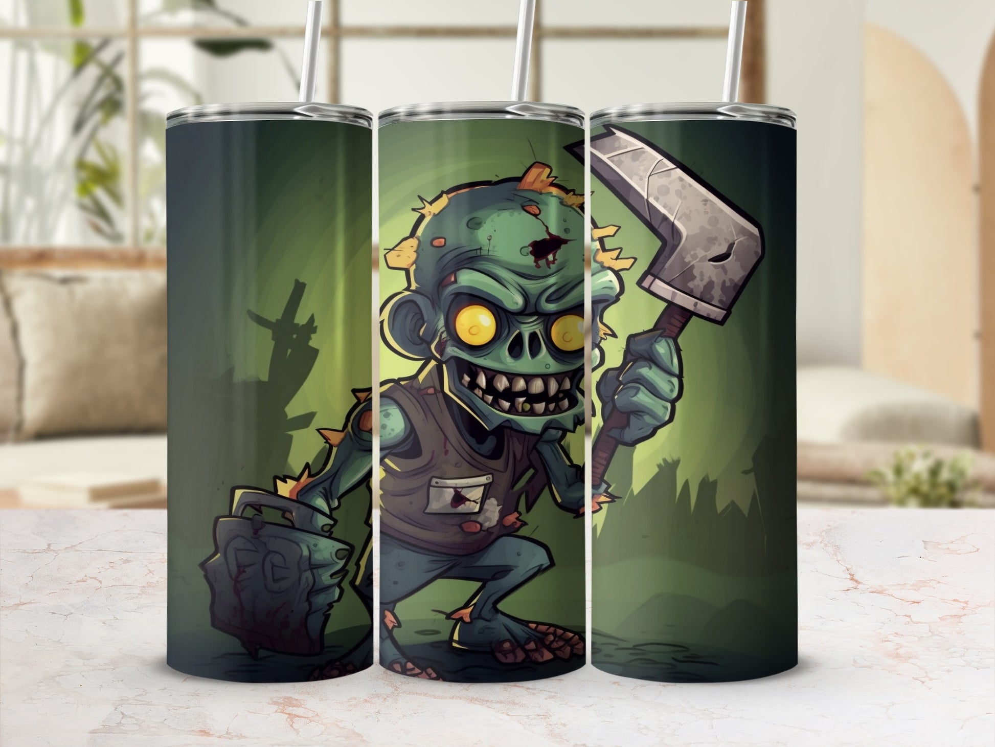 Zombie Holding Hatchet Graphic Tumbler Cup Flask