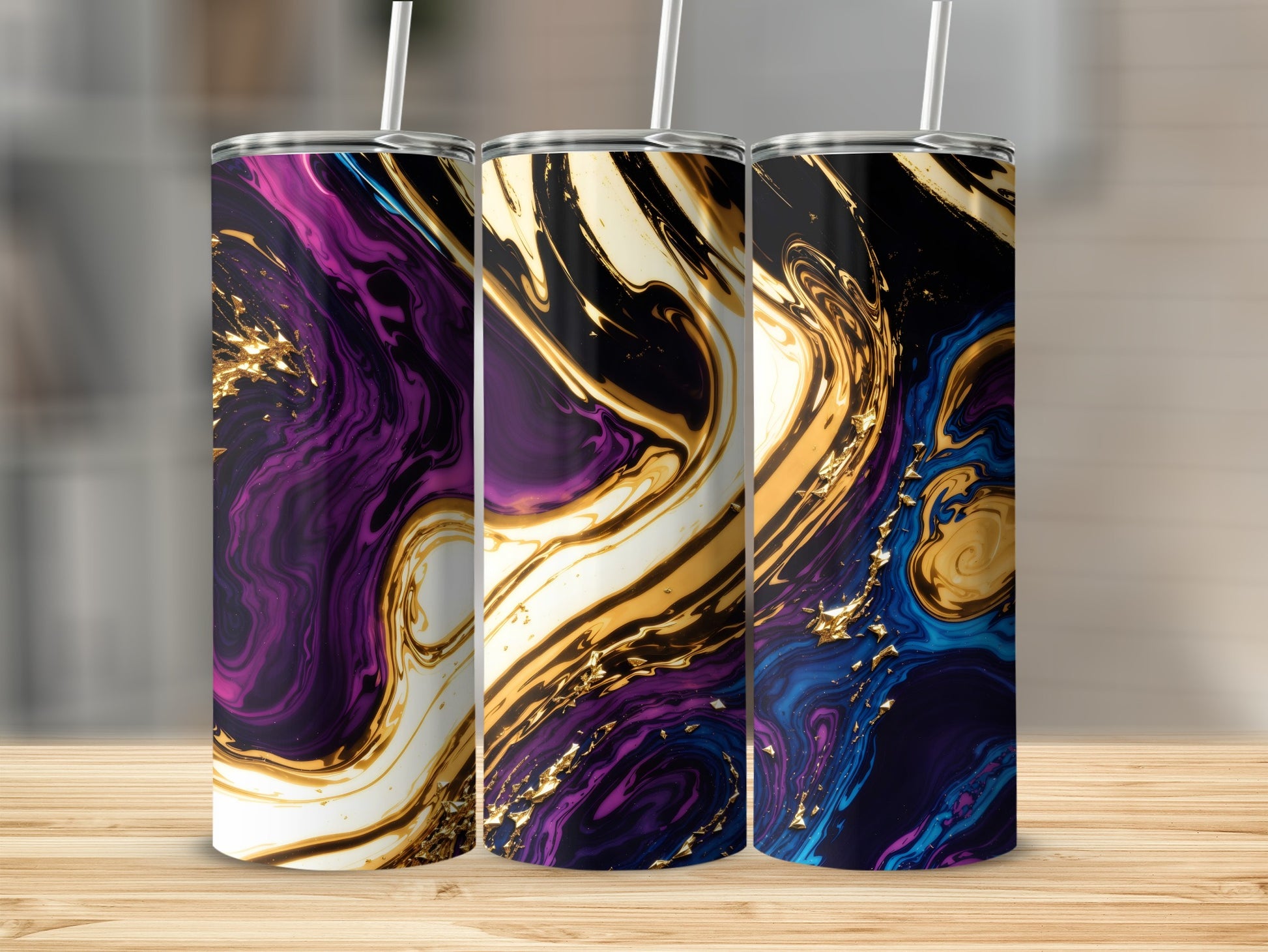 Three tumblers with abstract purple, gold, and blue marbled designs.