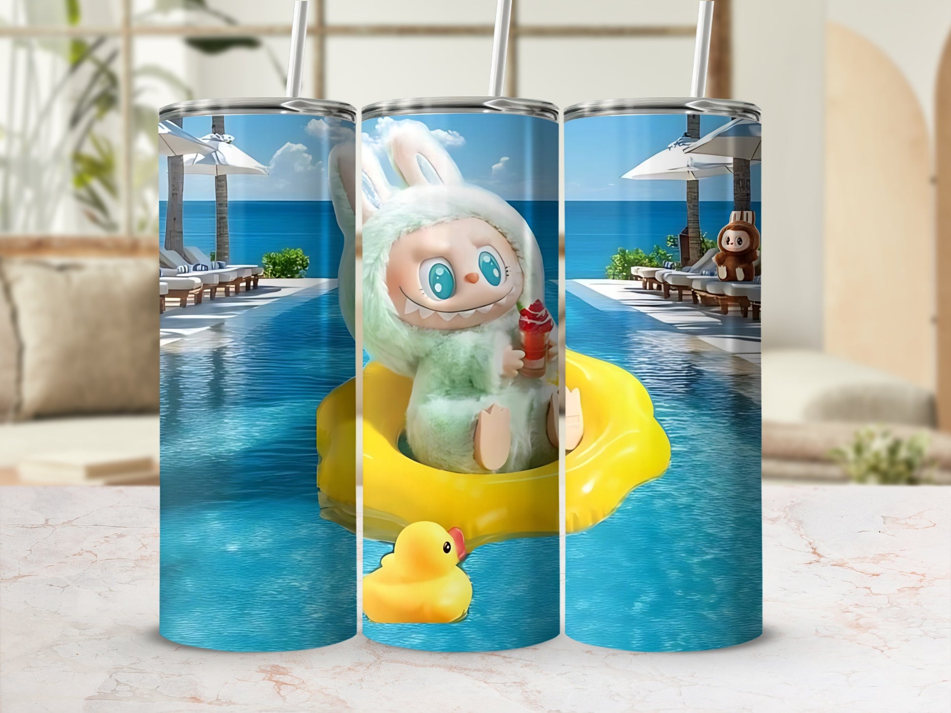 Cute Cartoon Bunny Enjoying Pool Time Tumbler Cup