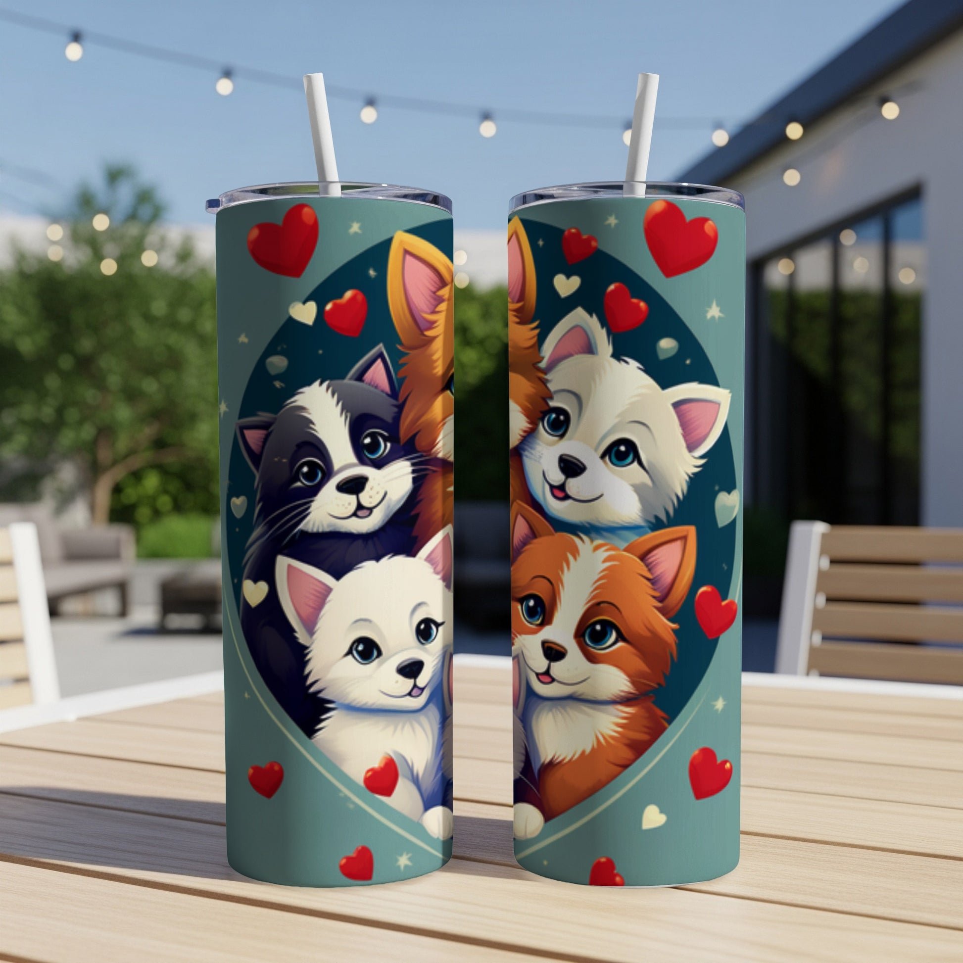 Cute cartoon puppies and kittens with hearts on a teal background.