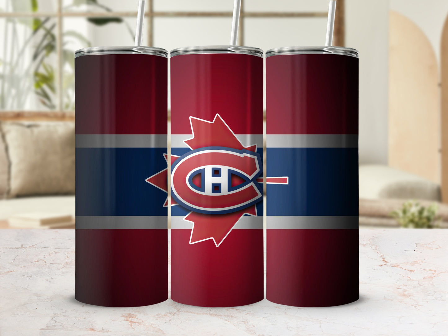 Three tumblers with Montreal Canadiens logo and colors.