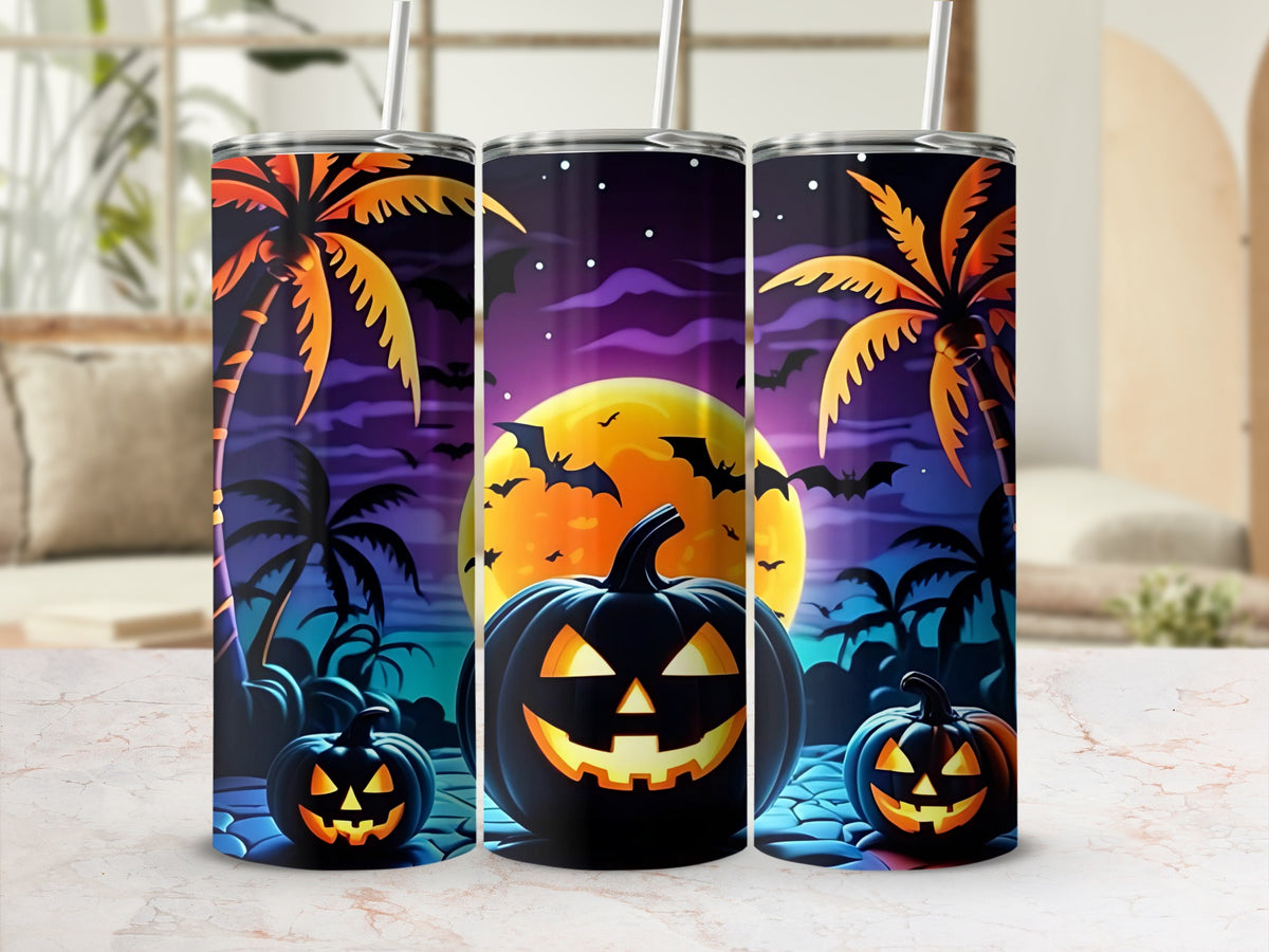 Three tumblers feature a Halloween scene with palm trees, bats, and a full moon.