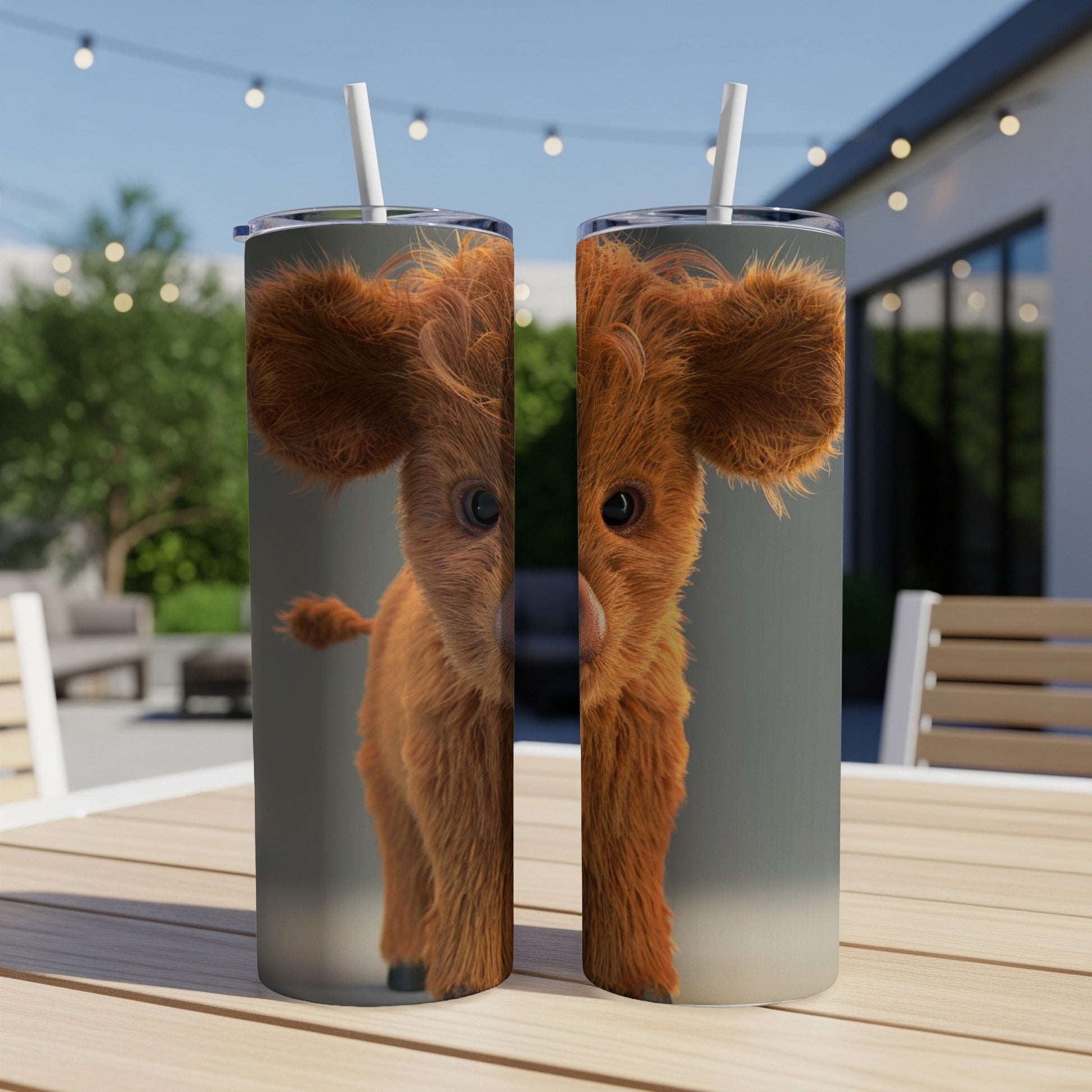 Fluffy brown Highland cow calf illustration on a gray background.