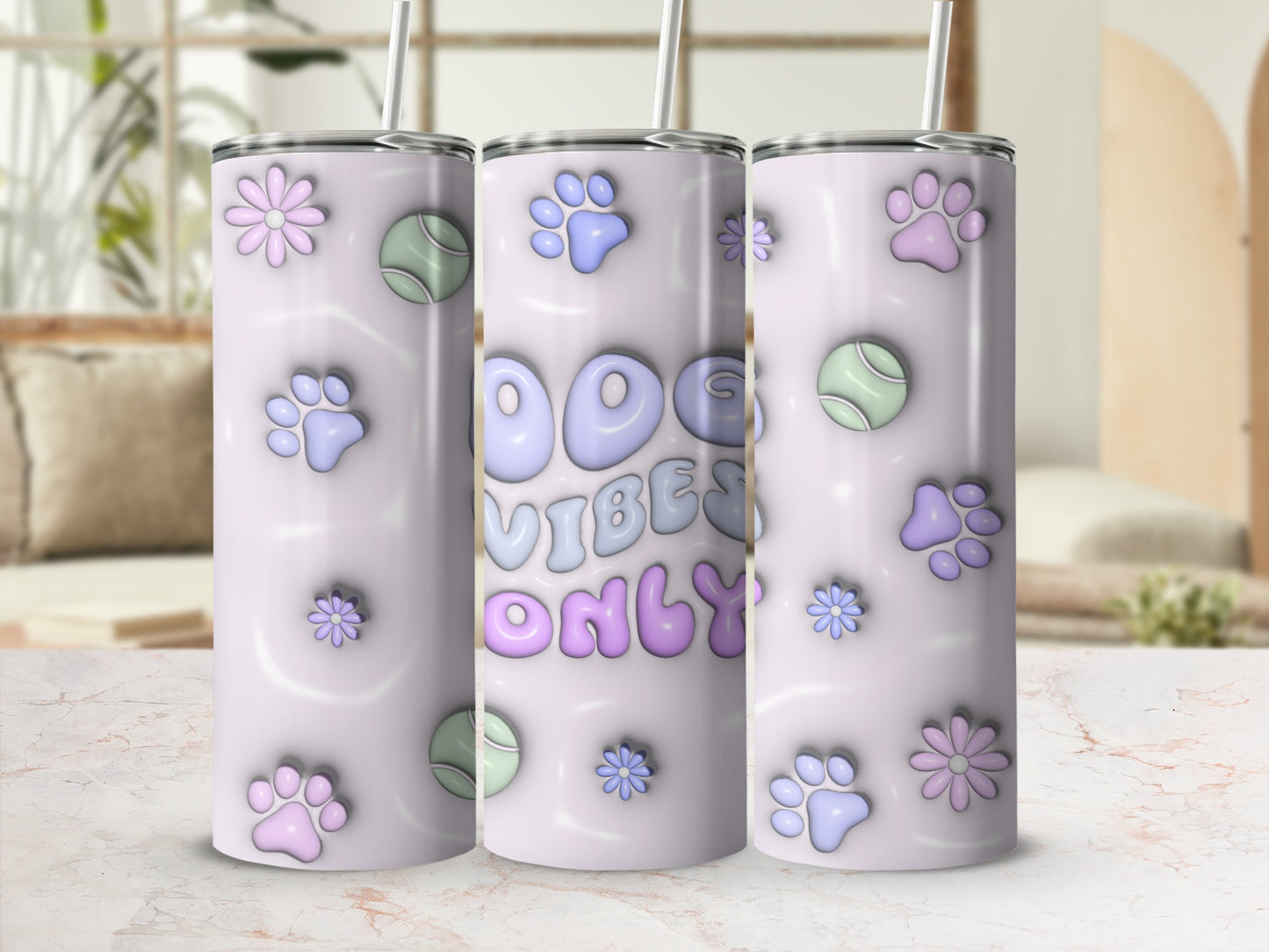 Lilac Dog Vibes Only Paw Print Tennis Ball Flower Tumbler
