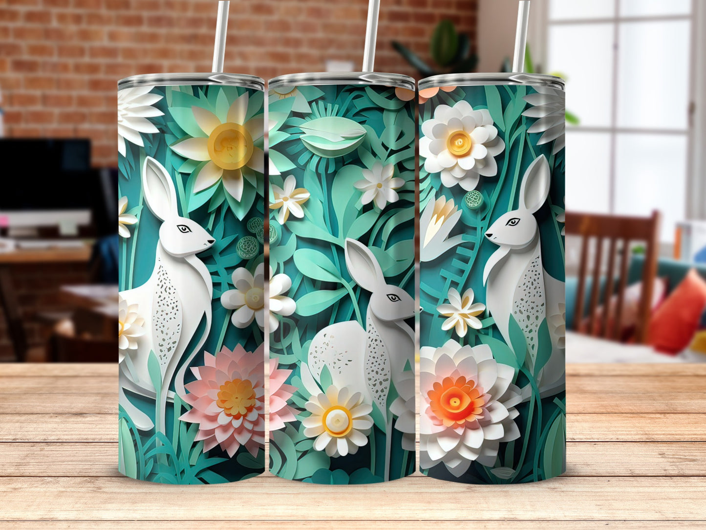 Modern Rabbit and Floral Design Tumbler