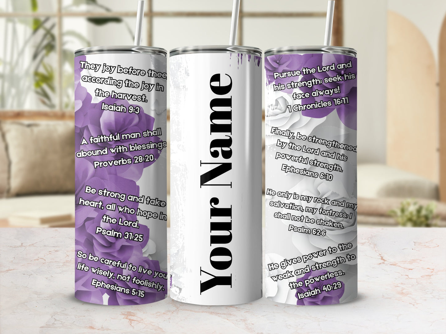 Purple Floral Design Personalized Tumbler with Bible Verses