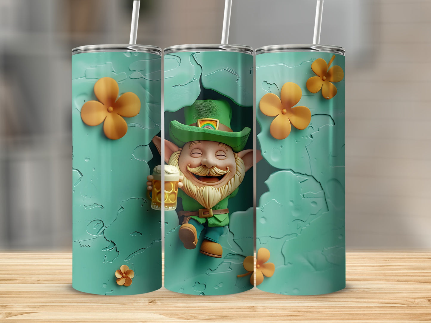 St. Patrick's Day tumbler with leprechaun holding beer and four-leaf clover.