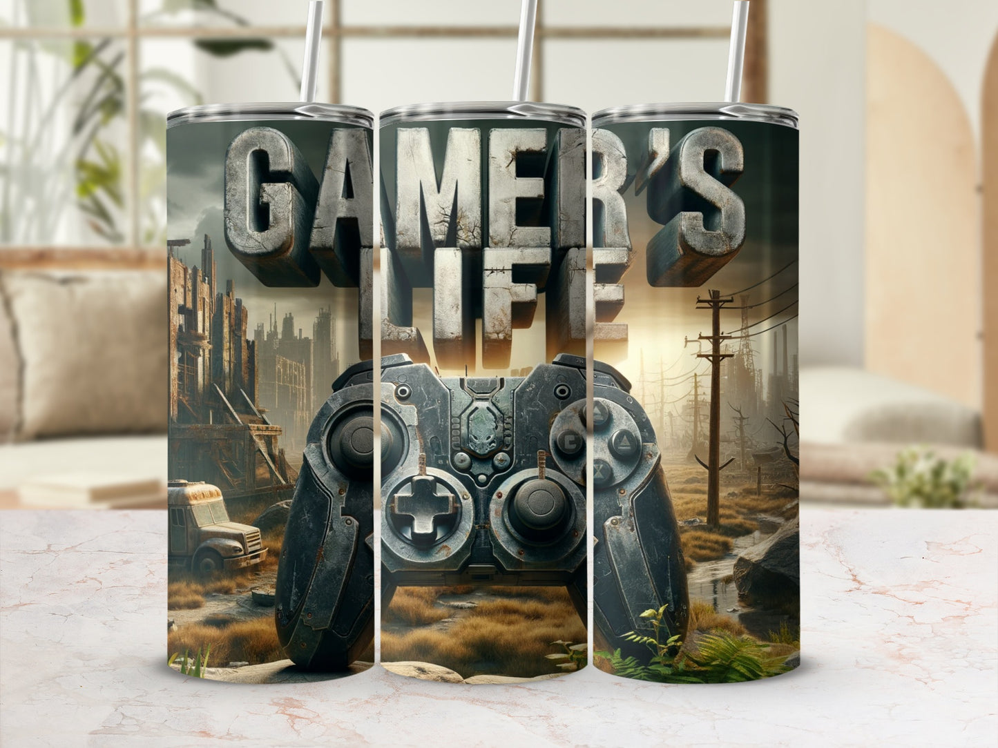 Gamer's Life tumbler featuring a controller and post-apocalyptic cityscape.