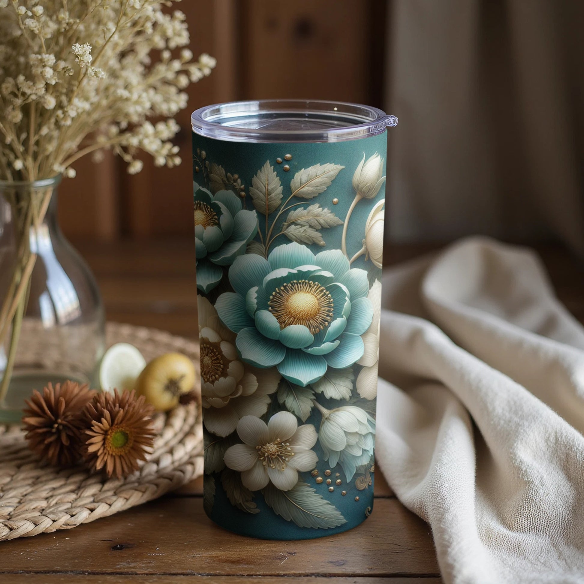 Floral Design Tumbler with Lid for Hot and Cold Drinks