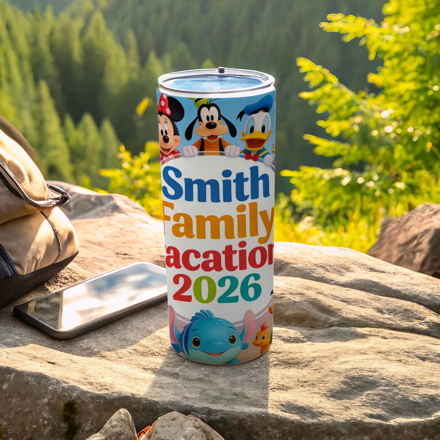 Disney characters surround "Smith Family Vacation 2026" on a tumbler.