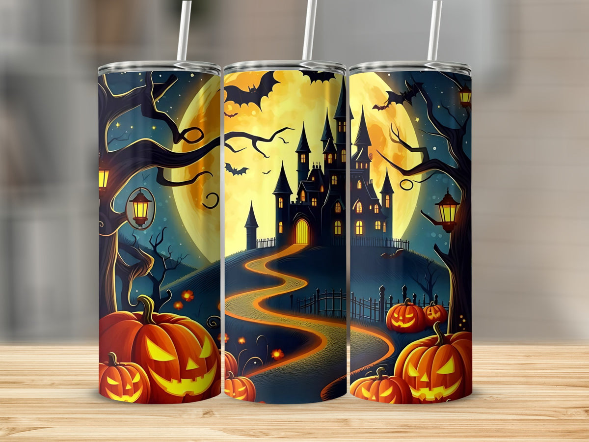 Halloween tumblers with haunted castle, pumpkins, bats, and full moon scene.
