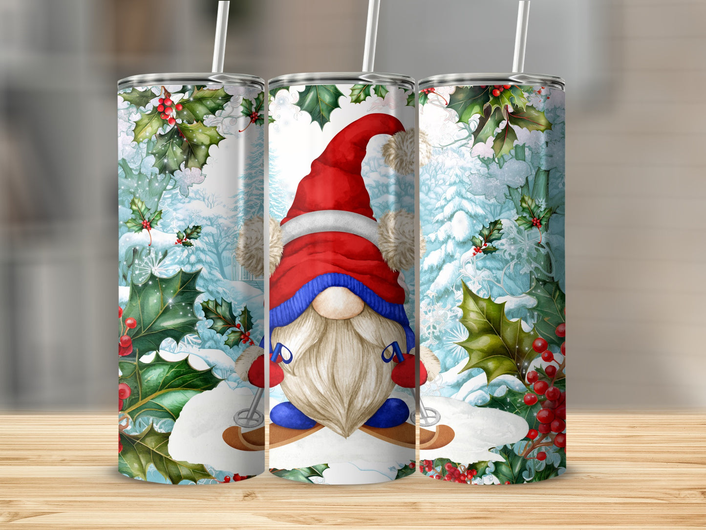 Tumbling tumbler with a skiing gnome in a snowy forest scene.