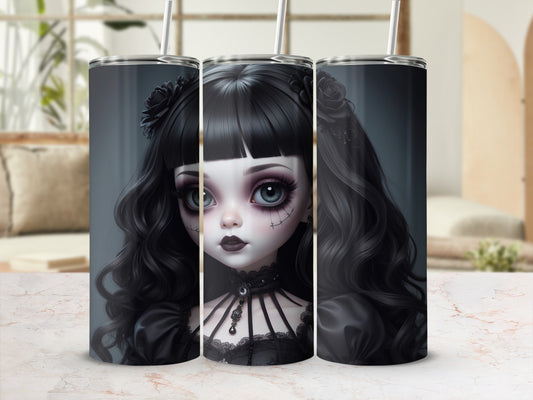 Gothic doll with large eyes on three tumblers.