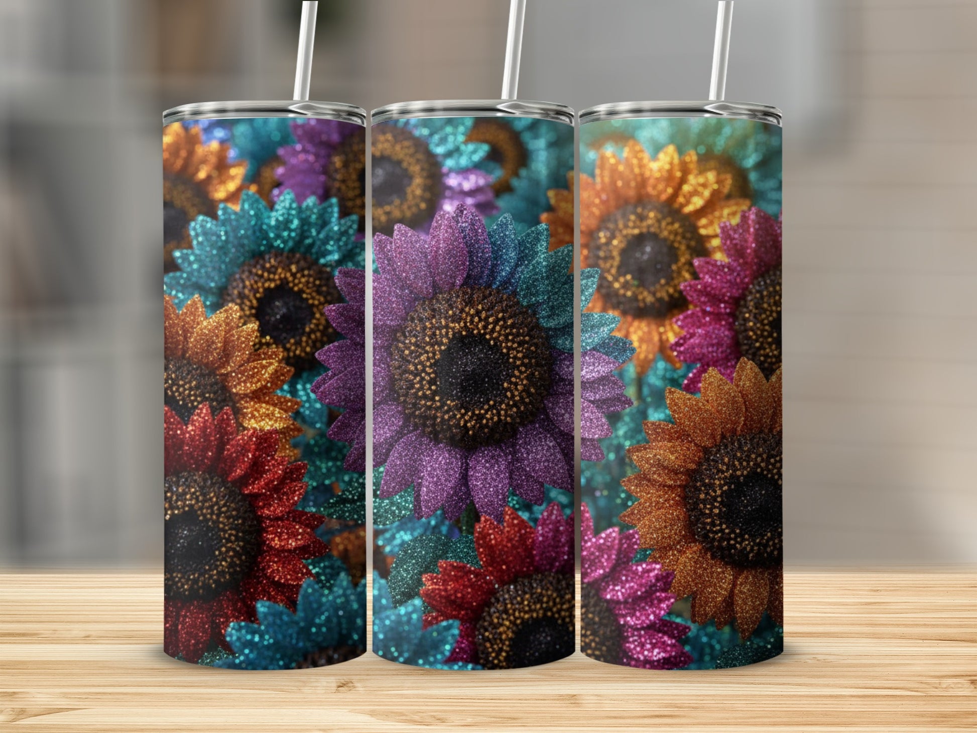 Sparkling Colorful Sunflower Tumbler with Straw