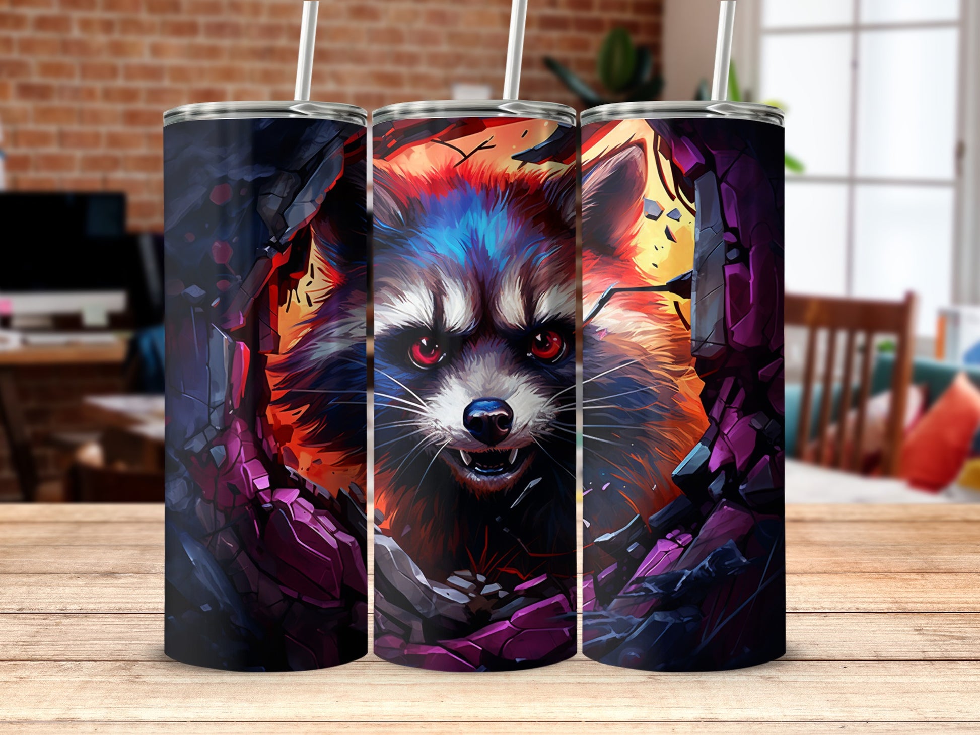 Colorful Illustration of Aggressive Raccoon Tumbler
