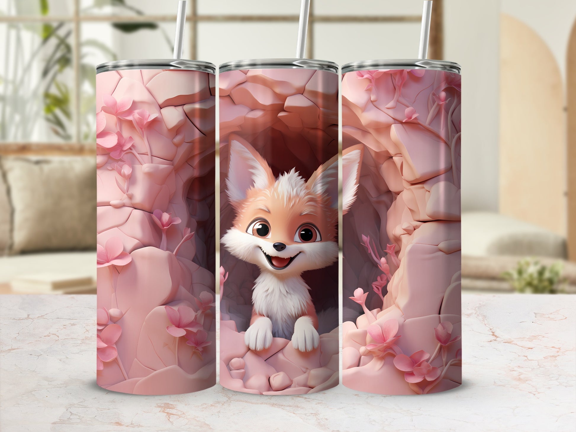 Adorable Fox Among Pink Flowers Tumbler Cup