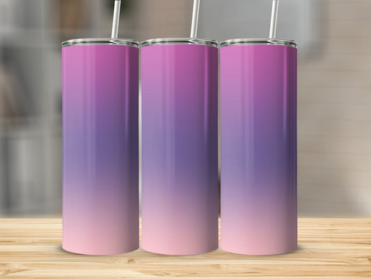 Three tall, stainless steel tumblers with a pink and purple ombre gradient.