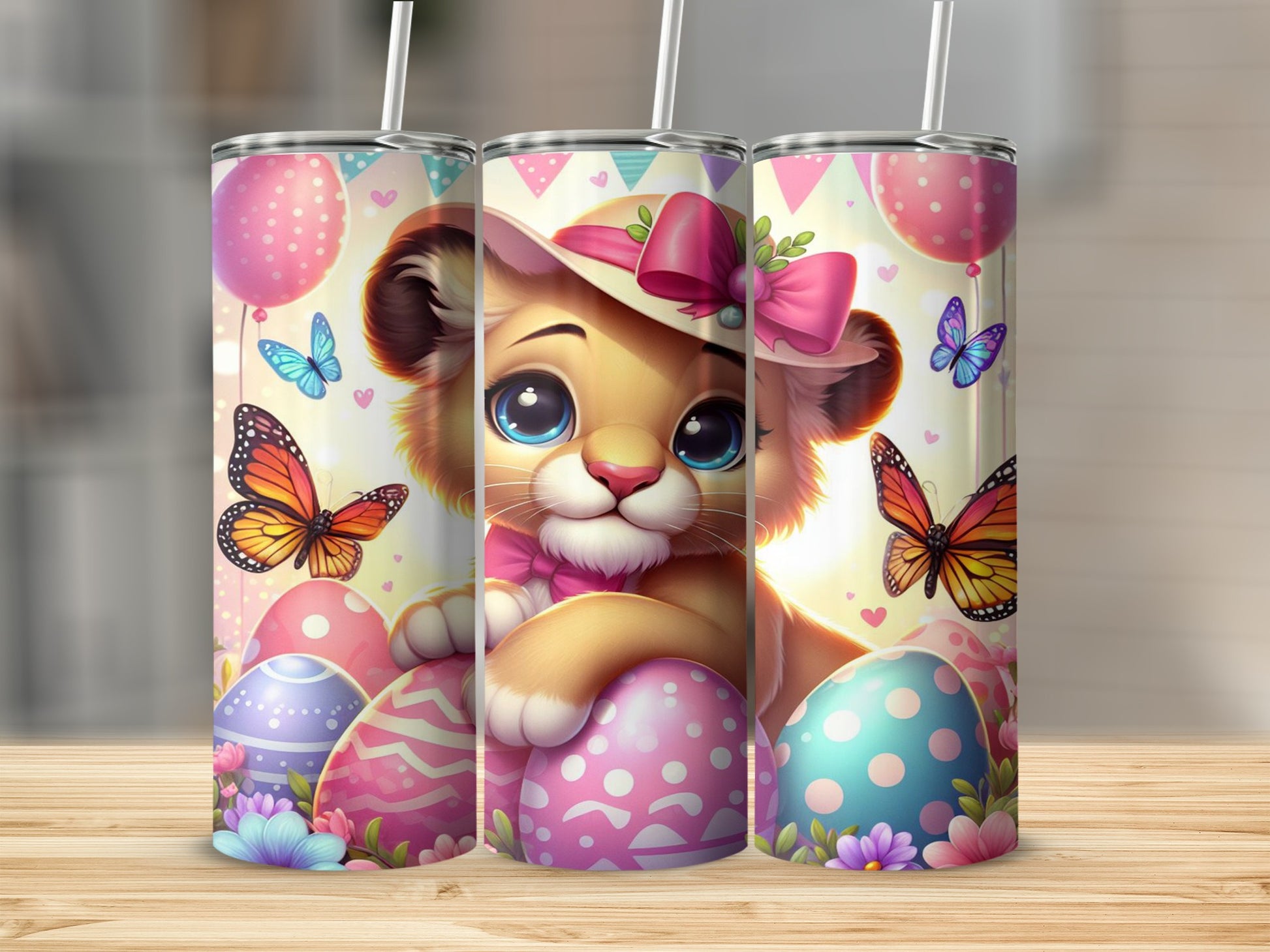 Cute lion cub with Easter eggs and butterflies, wearing a hat and bow.
