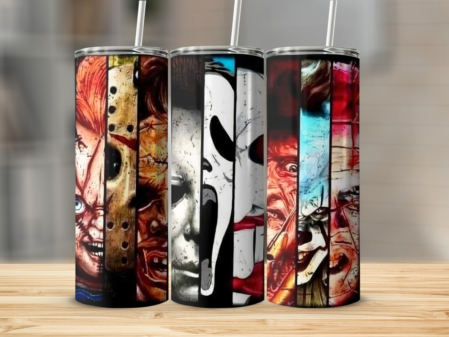 Three tumblers feature collages of horror movie villains Chucky, Jason, and Michael Myers.