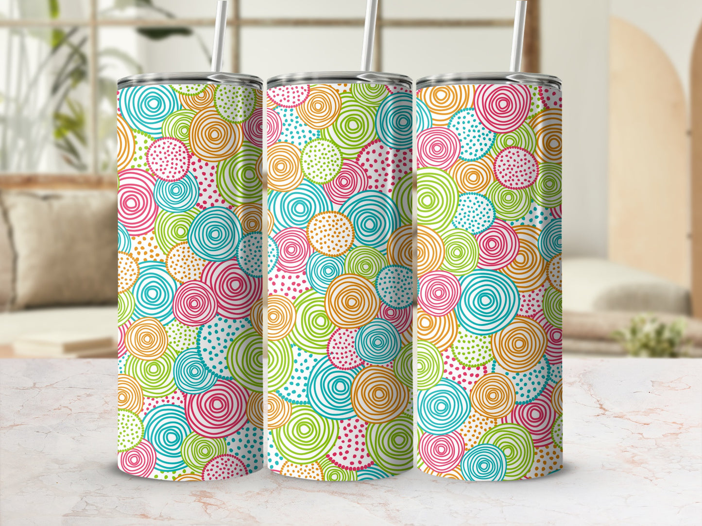 Colorful Swirl and Dot Pattern Tumbler with Straw