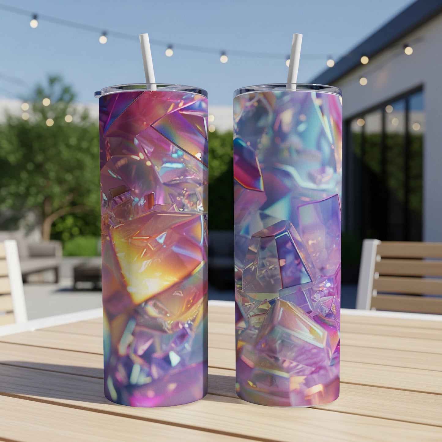 Two tumblers with iridescent crystal-like pattern on outdoor table.