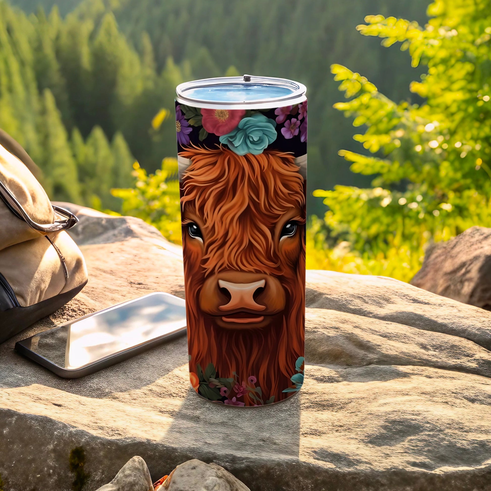 Highland Cow Floral Latte Tumbler Travel Mug Cup