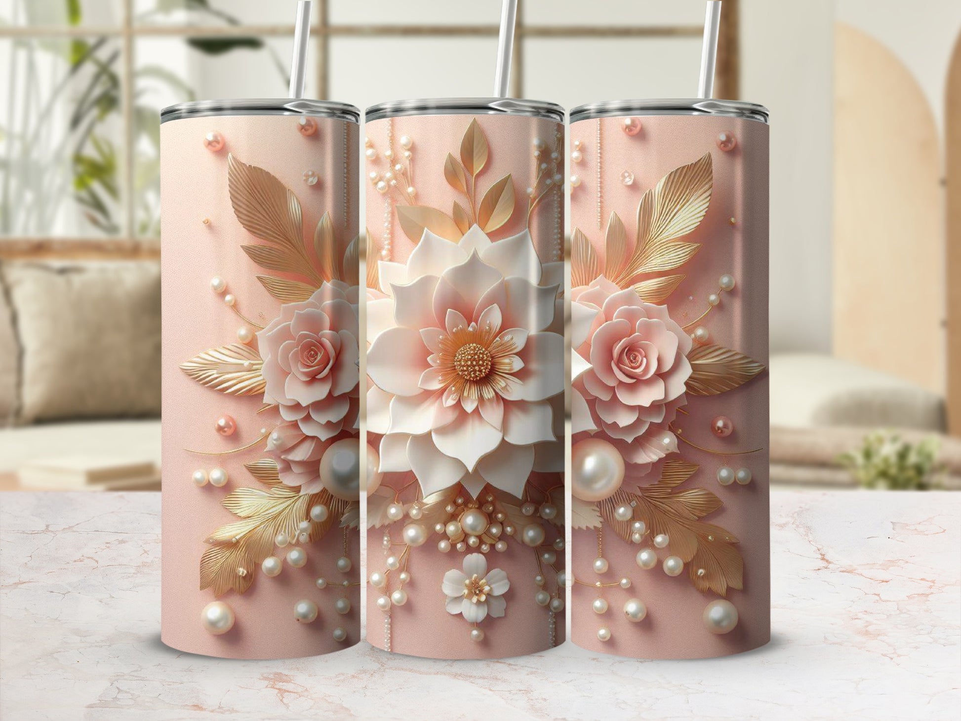 Pink tumbler with ornate floral and pearl embellishments.
