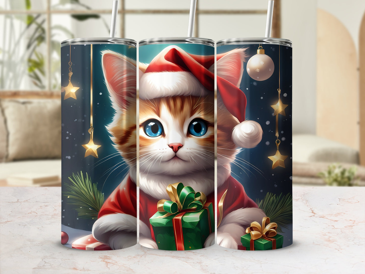 Christmas cat wearing Santa hat and scarf, holding gift.