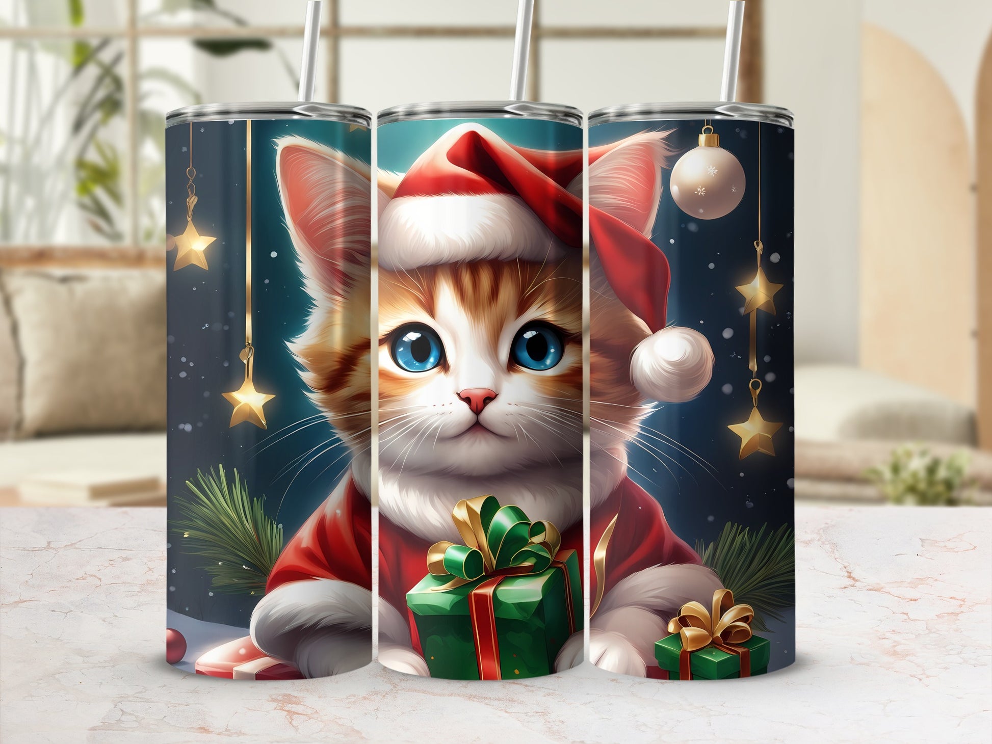 Christmas cat wearing Santa hat and scarf, holding gift.